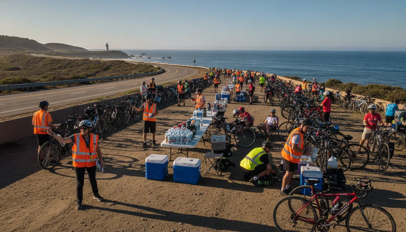 Volunteers coordinating a community cycling event at a coastal rest stop