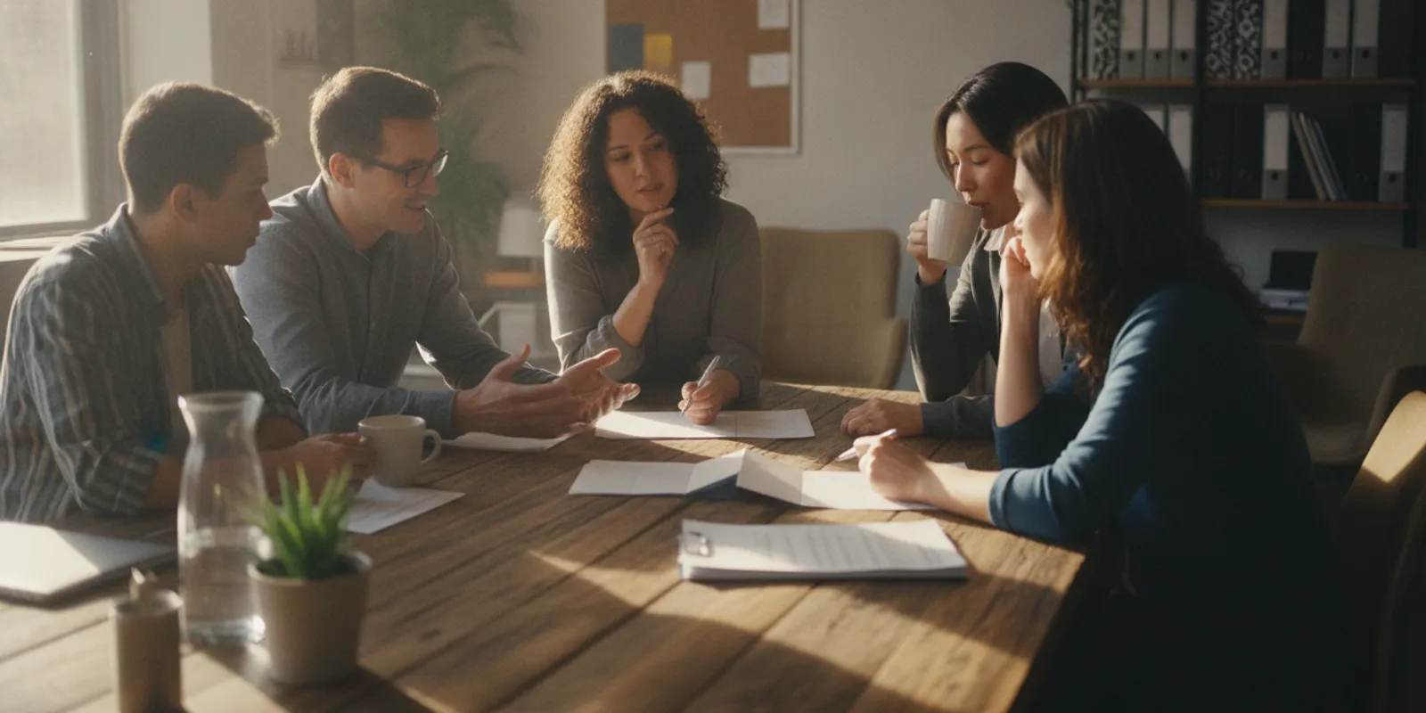 Nonprofit colleagues reviewing financial records and a checklist around a table